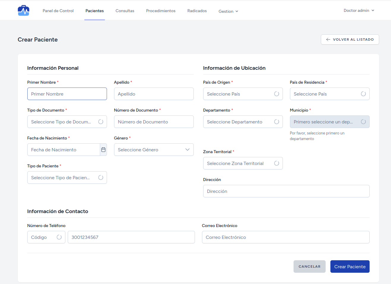 Formulario de Creación de Paciente